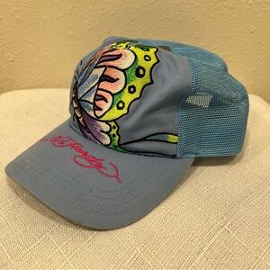 VINTAGE Ed Hardy by Christan Audigier Trucker Hat Cap Snap Back Blue Butterfly